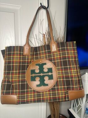 Tory Burch Brown Plaid Tote with Tan Leather and Green Logo
